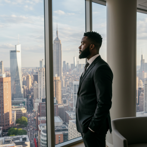 Side view of a black business man standing in his office looking down his window