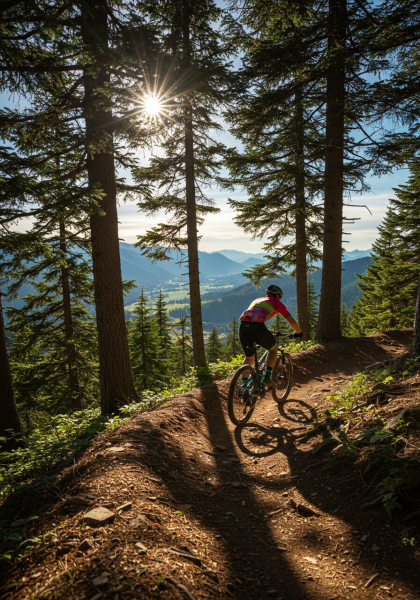 Cyclist racing on mountain trail