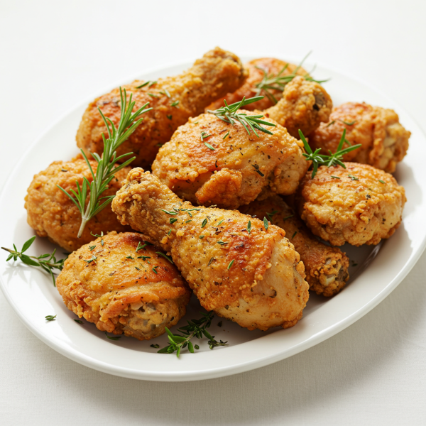 Golden brown crispy fried pieces of chicken with herbs