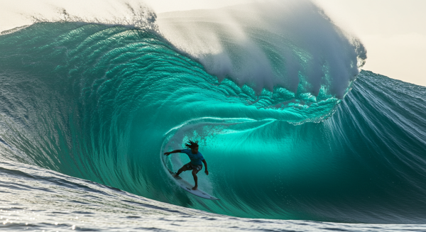 A black surfer riding a giant turquoise wave