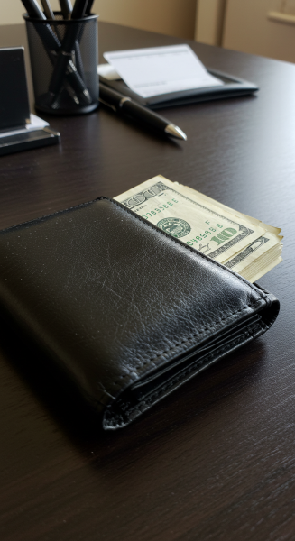 A photo of money in a black wallet on a desk