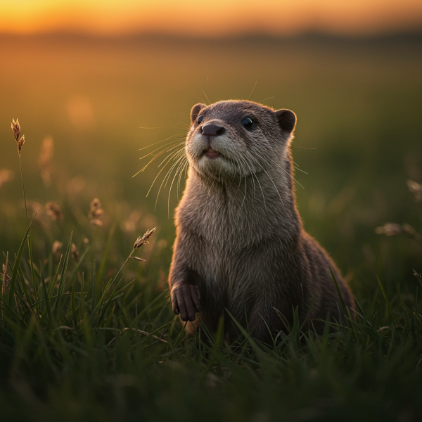 a cute otter zebra mouse in a field at sunset