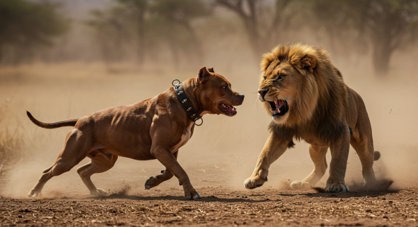 Epic battle between a muscular pitbull and a roaring lion in the African savannah