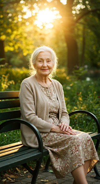 A fairly old woman sitting on a bench
