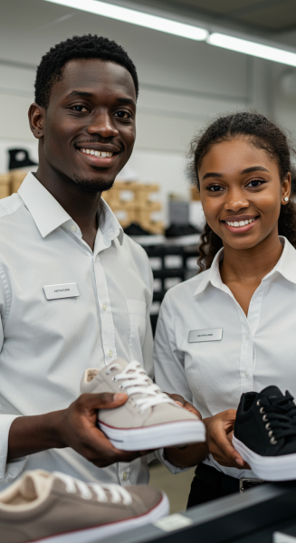 A close-up of a young black man and woman working in a shoe shop and smiling