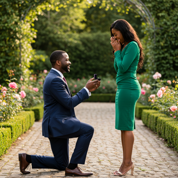 Side view of a black business man proposing to a black woman in a green dress