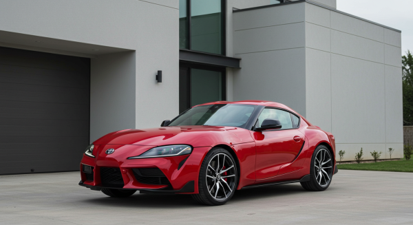 A new red Toyota sports car parked in front of a house