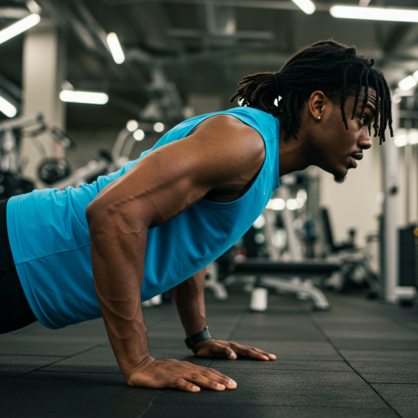 Side view of a  black man doing push-ups at the gym