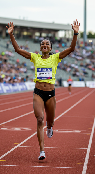 A female athlete crossing the finish line with arms raised in victory.