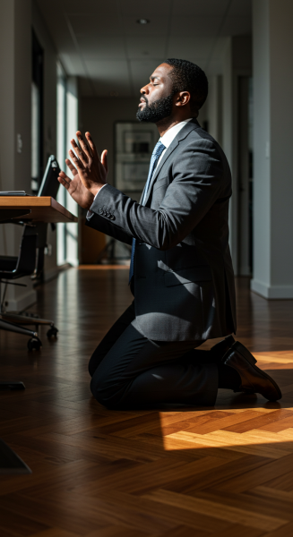 Side view of a black business man on his knees with his hands up and praying