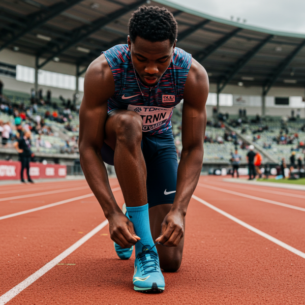 A black athlete lacing his shoe for a race