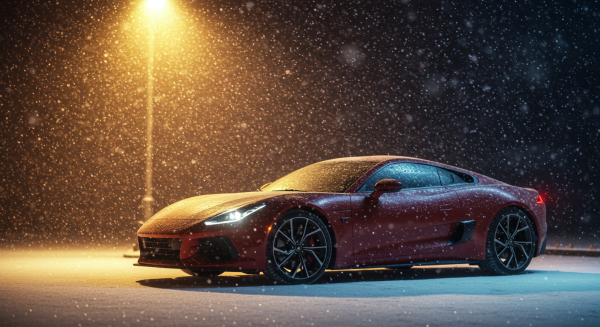 A red sports parked under a street light in a snowy night
