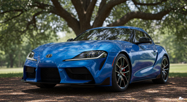A new blue Toyota sports car parked under a tree #1