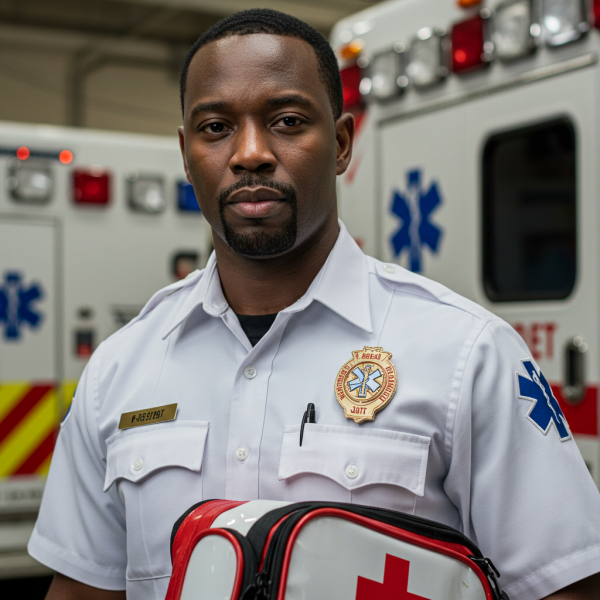A black paramedic in a white uniform