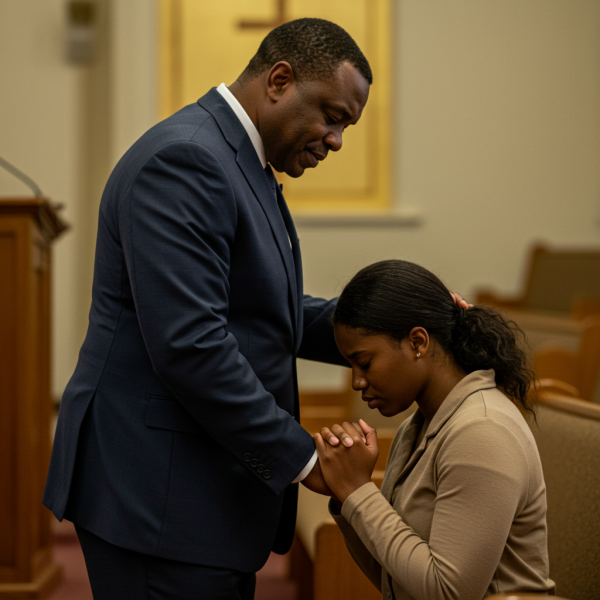 A Black Pastor praying for a young woman on her knees #1