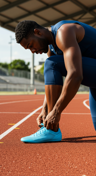 Side view of a  black man lacing his shoes to race