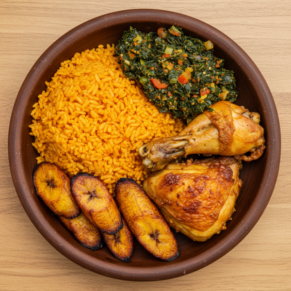 Top-down shot of jollof rice, plantain, and chicken