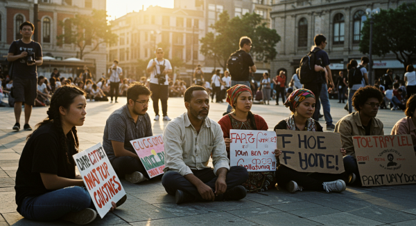 Peaceful sit-in protest with people sitting cross-legged holding signs in a city square
