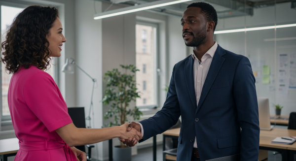 Black Businessman shaking hands with female colleague in office