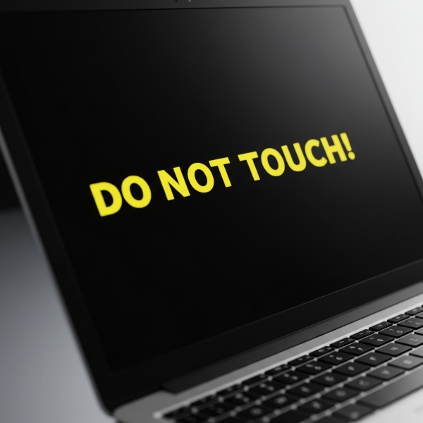 A laptop screen displaying an inscription "DO NOT TOUCH!" #3