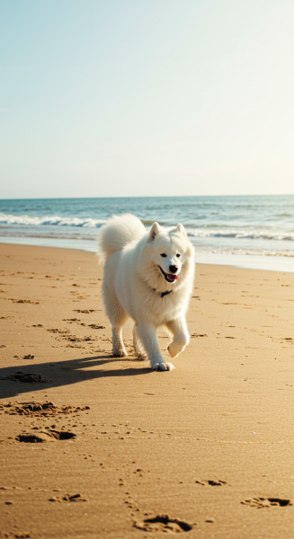 A white fluffy dog at the beach #1
