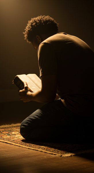 back view of a black person on their knees with their Bible and praying #1