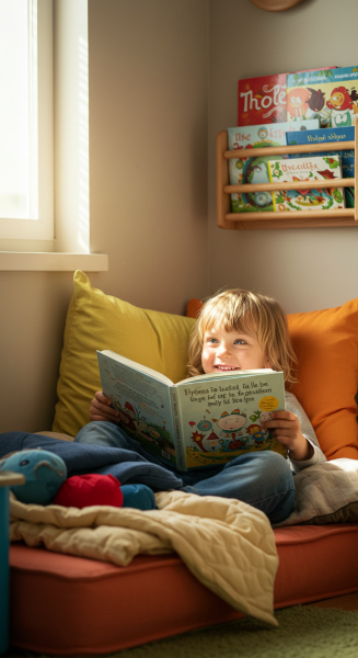 A child reading a picture book in a cozy corner