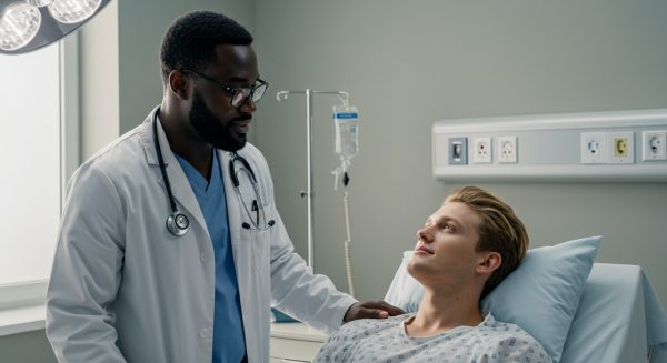 A black doctor standing by a patient on a bed