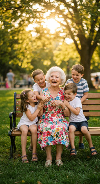 Elderly woman laughing with grandchildren in a sunny park