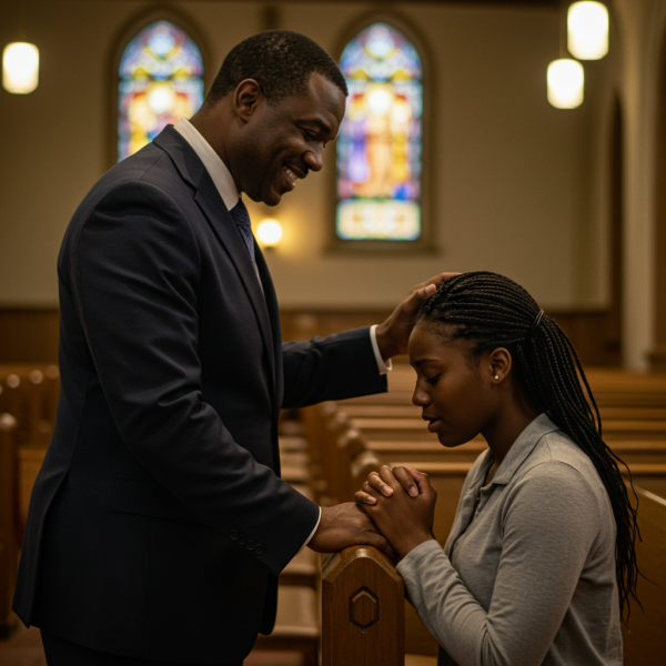 A Black Pastor praying for a young woman on her knees #3