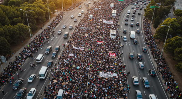 Dramatic overhead drone view of a protest march with thousands of people blocking a highway #2