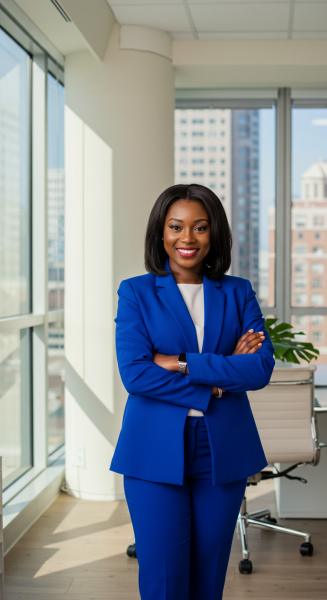 A beautiful black lady in a blue attire, standing in her office with her arms folded and smiling