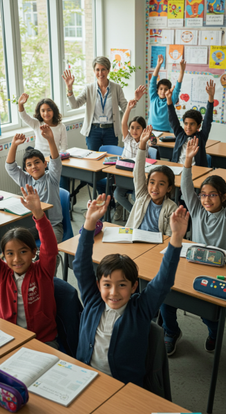 Students raising hands in a classroom
