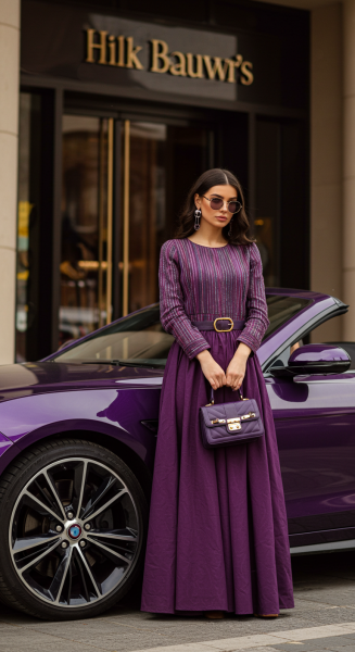 A fashion lady in purple standing by her purple car #3