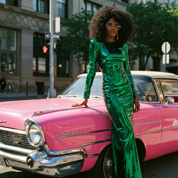 A photo of a black fashion lady standing by her pink car