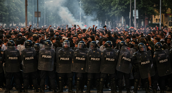 Police officers in riot gear forming a barricade against an angry crowd, smoke in the background #4