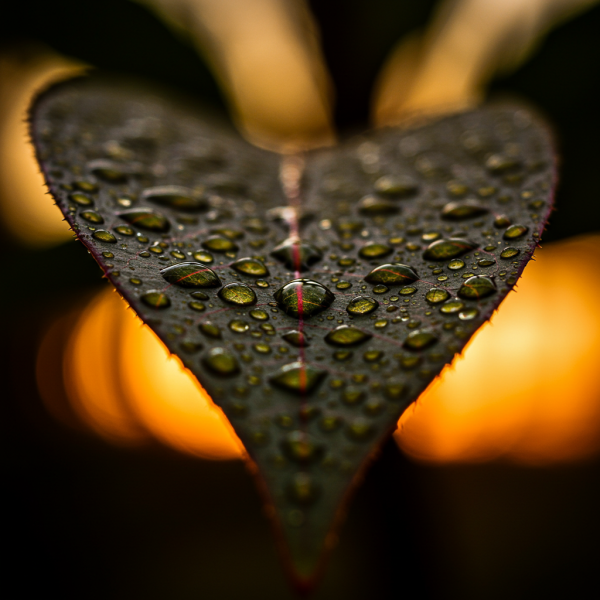 Raindrops on a leaf at sunset #3