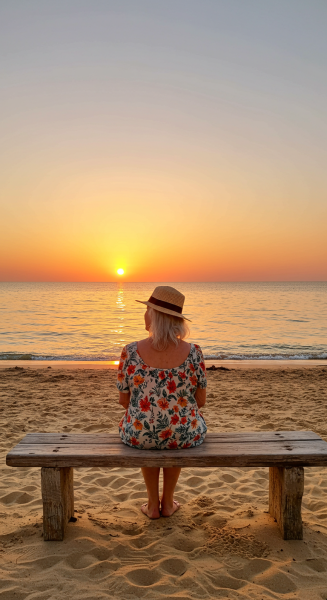 A fairly old woman sitting on a bench at the beach at sunset