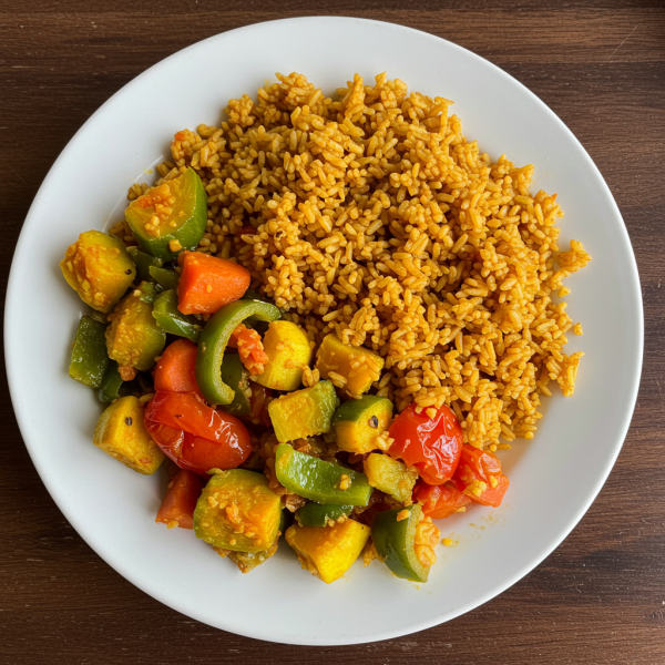 Top-down shot of jollof rice and veggies
