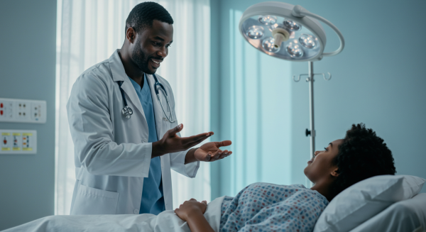 A black doctor standing by a black patient on a bed