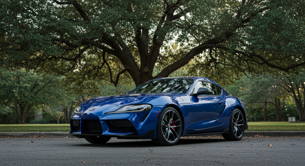 A new blue Toyota sports car parked under a tree #3