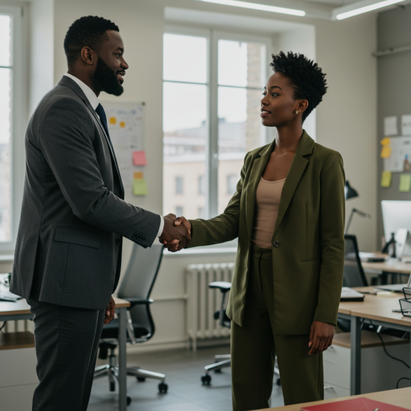 Black Businessman shaking hands with black female colleague in office