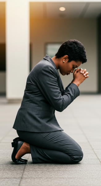 Side view of a black business woman on her knees praying
