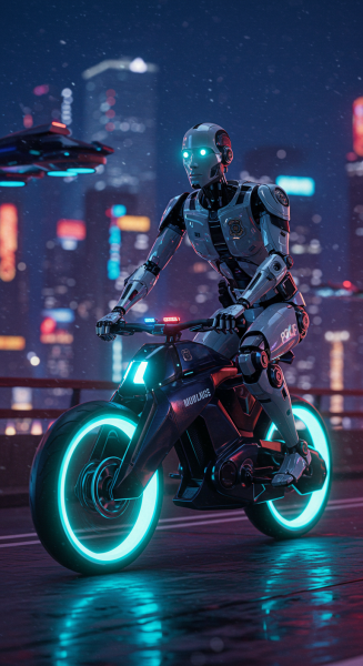 A humanoid robot cop riding a futuristic bike