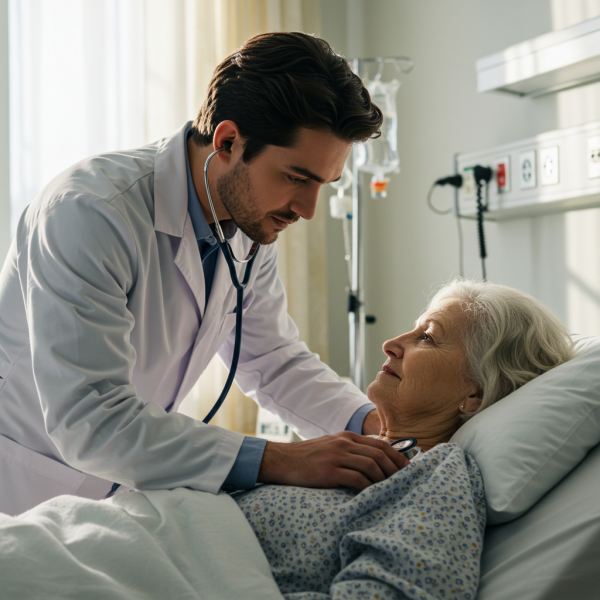 A white male doctor and a patient in a hospital bed