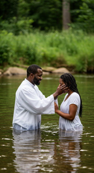 A black Pastor baptizing a woman in water #1
