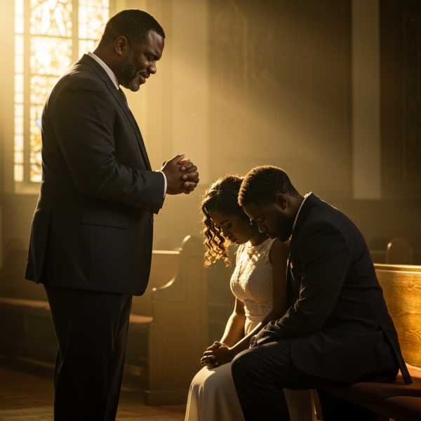 A Black Pastor praying for a young couple on their knees #2