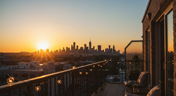 Balcony with outdoor seating, string lights, and city skyline view at sunset #2