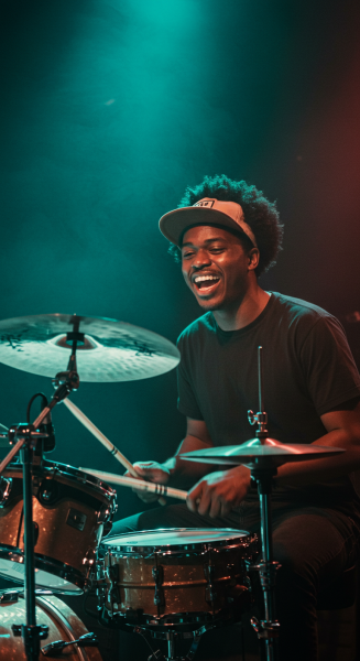 A young black man playing drums and smiling with a cap #1