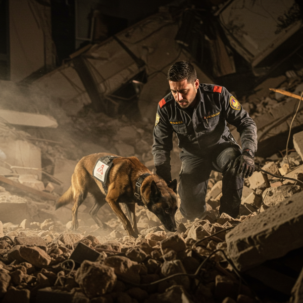 Search and rescue dog with handler searching through earthquake rubble #2